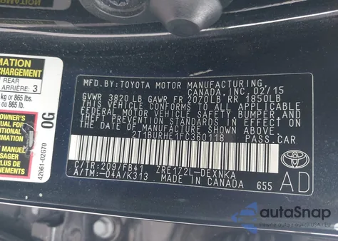 2015 Toyota Corolla Le from USA, damaged, VIN 2T1BURHE1FC360118